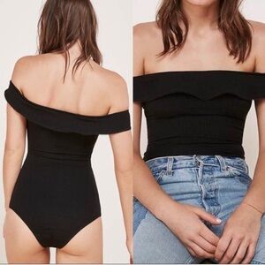REFORMATION CLASSON BLACK RIBBED OFF THE SHOULDER BODYSUIT LARGE